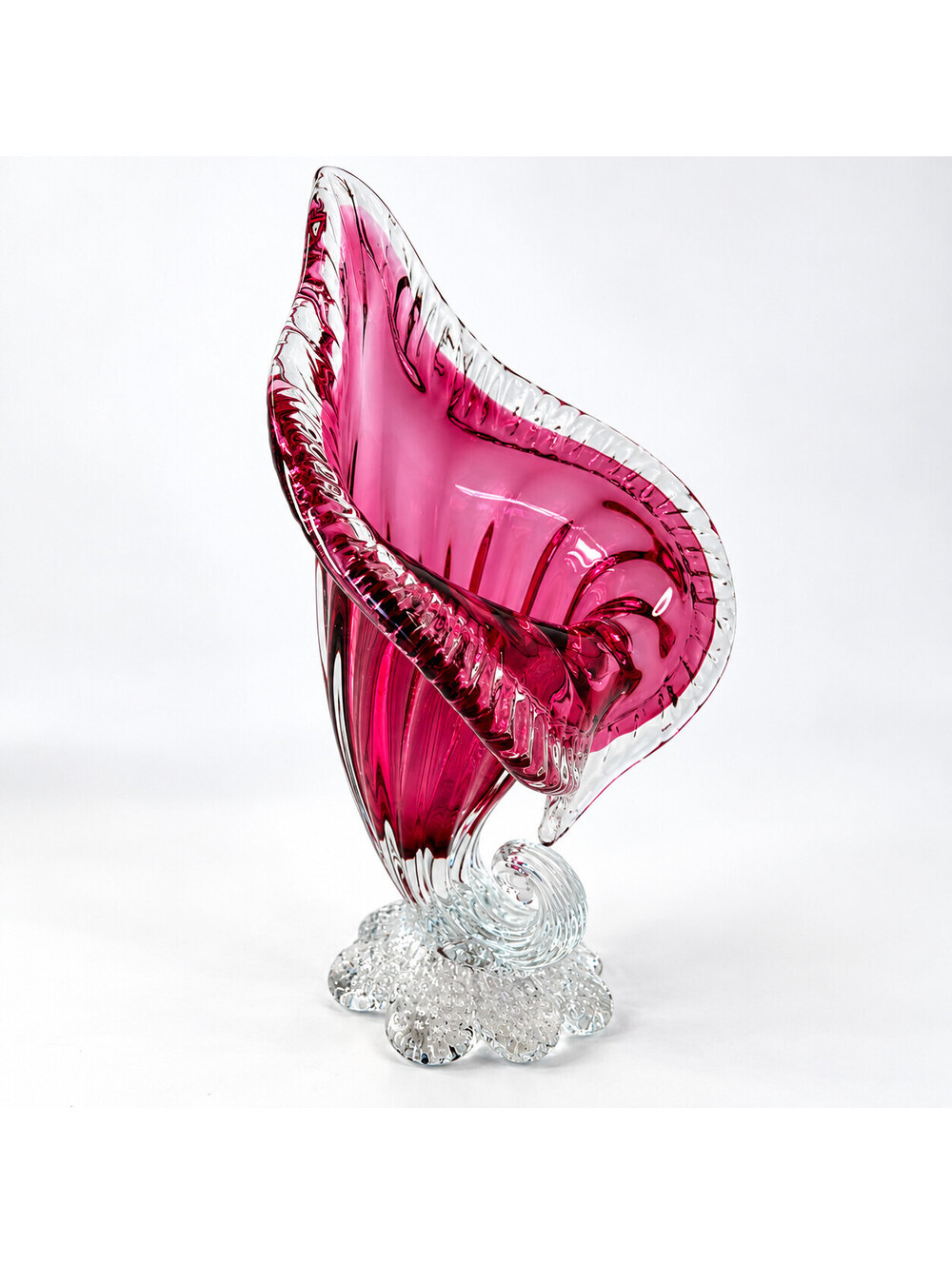 Vintage Cranberry Pink Art Glass Jack In The Pulpit Vase Clear Footed 10 inch